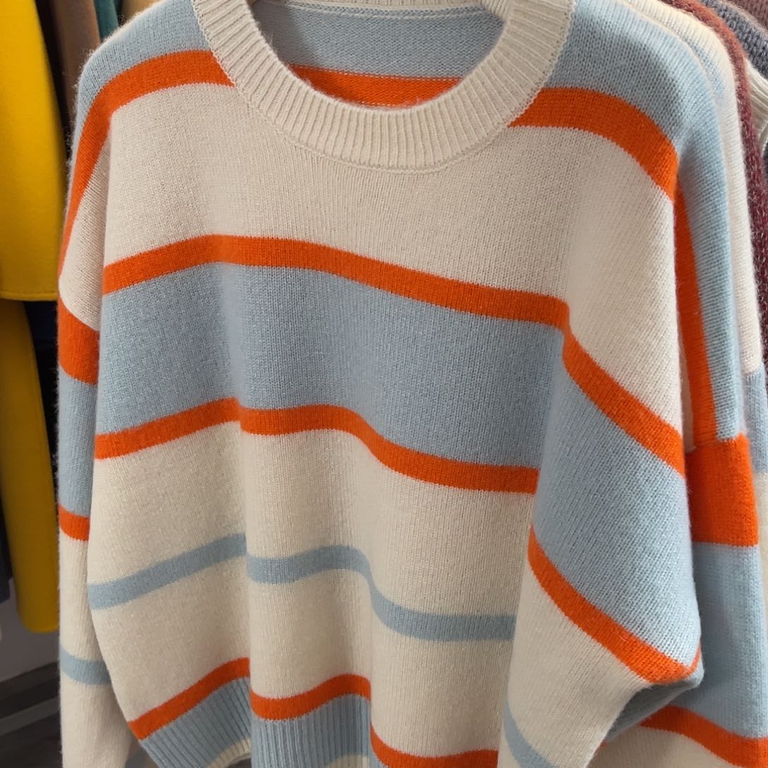 圆领 条纹 拼色 羊绒衫