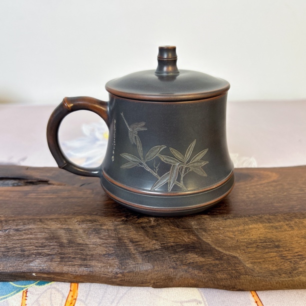 360cc坭兴陶水杯办公杯泡茶个人专用茶杯竹节盖杯喝茶杯