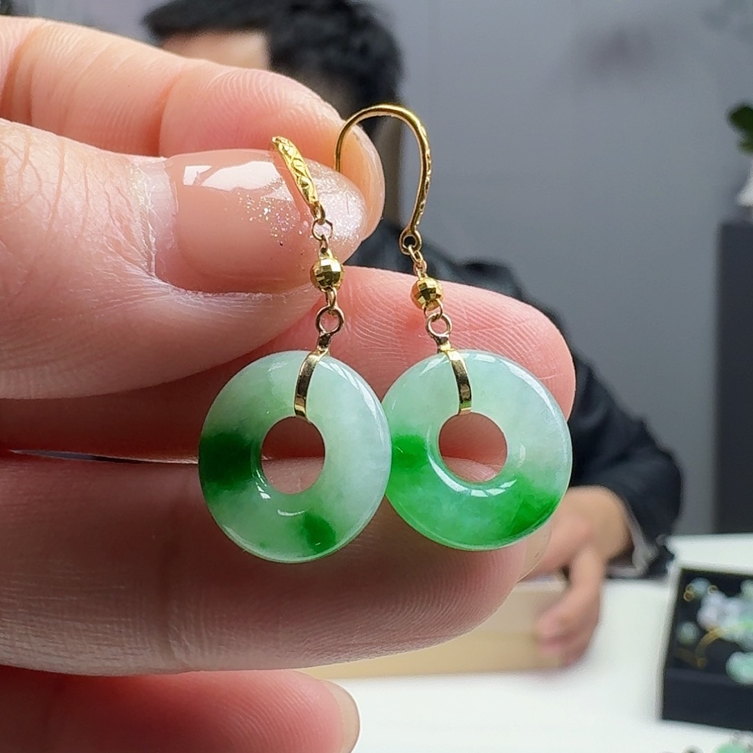 翡翠耳饰18K金镶嵌天然