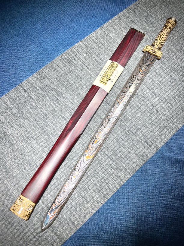 帝王剑大叶紫檀木黄铜精修镀黄金毛陨夹钢彩八面剑收藏高端未开刃