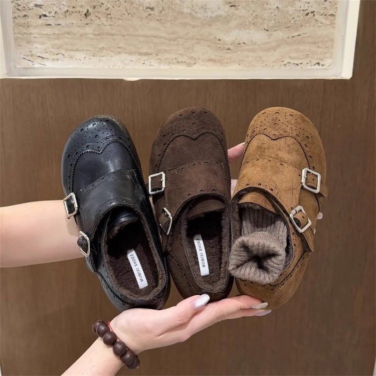 【陈陈】2025秋冬新款纯色民族风勃肯鞋雕花棉鞋田园可爱风圆头女