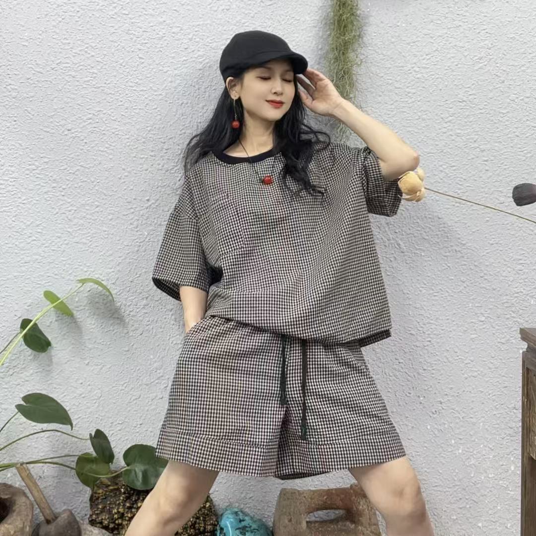 2535-1色织麻短裤套装（衣前60后63胸围134裤长40臀围120脚口74