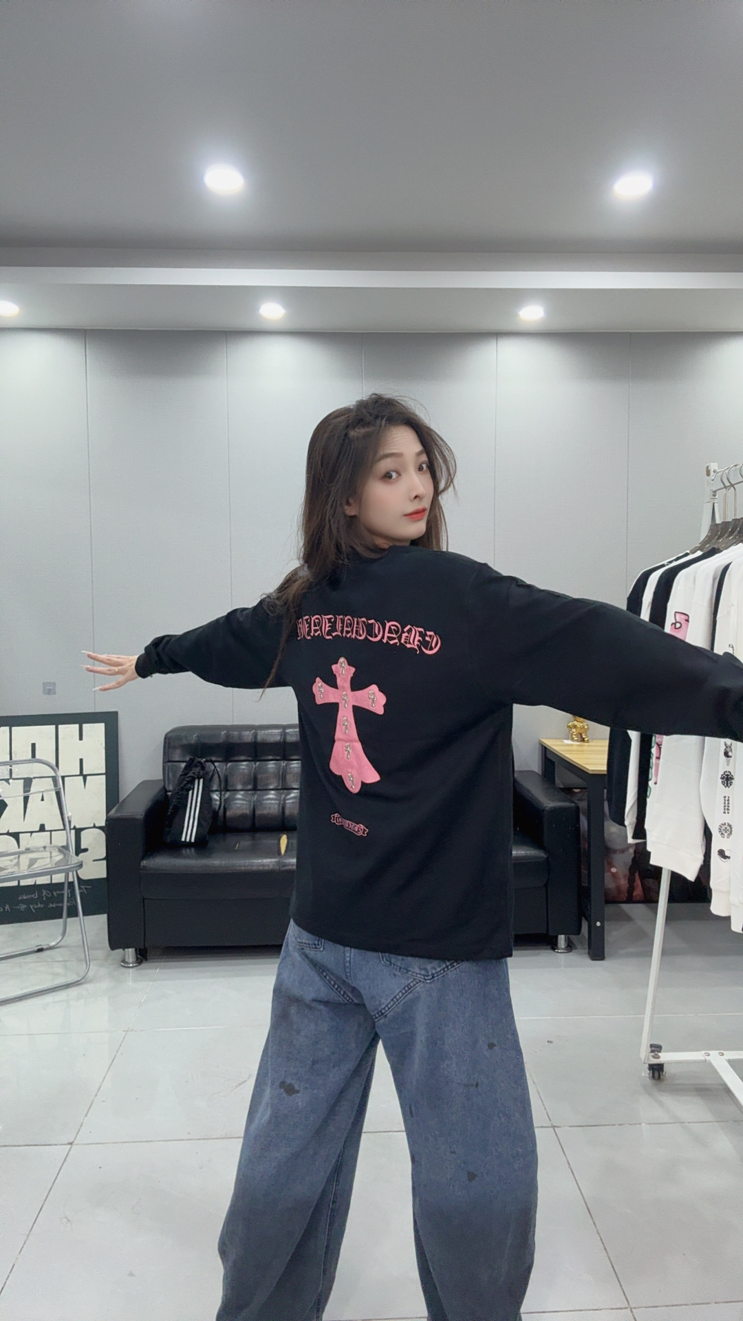 【LLZ319】秋季新款印花烫钻克克长袖情侣休闲圆领时尚百搭上衣