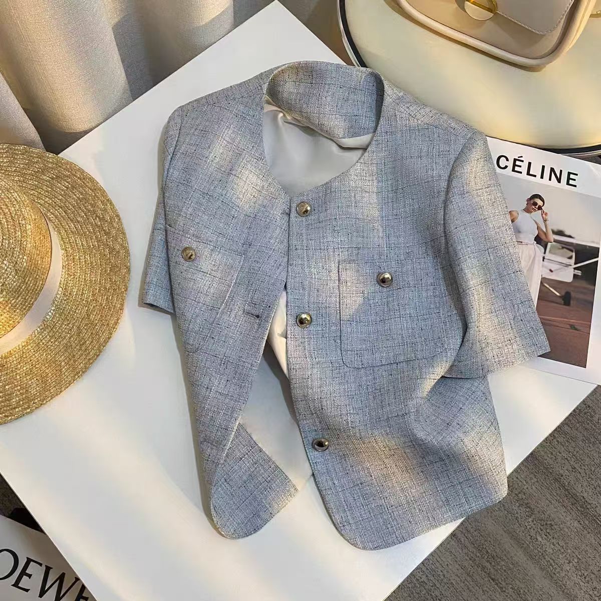 浅蓝色圆领短袖小香风外套女2025夏薄款高级感短款简约设计西服