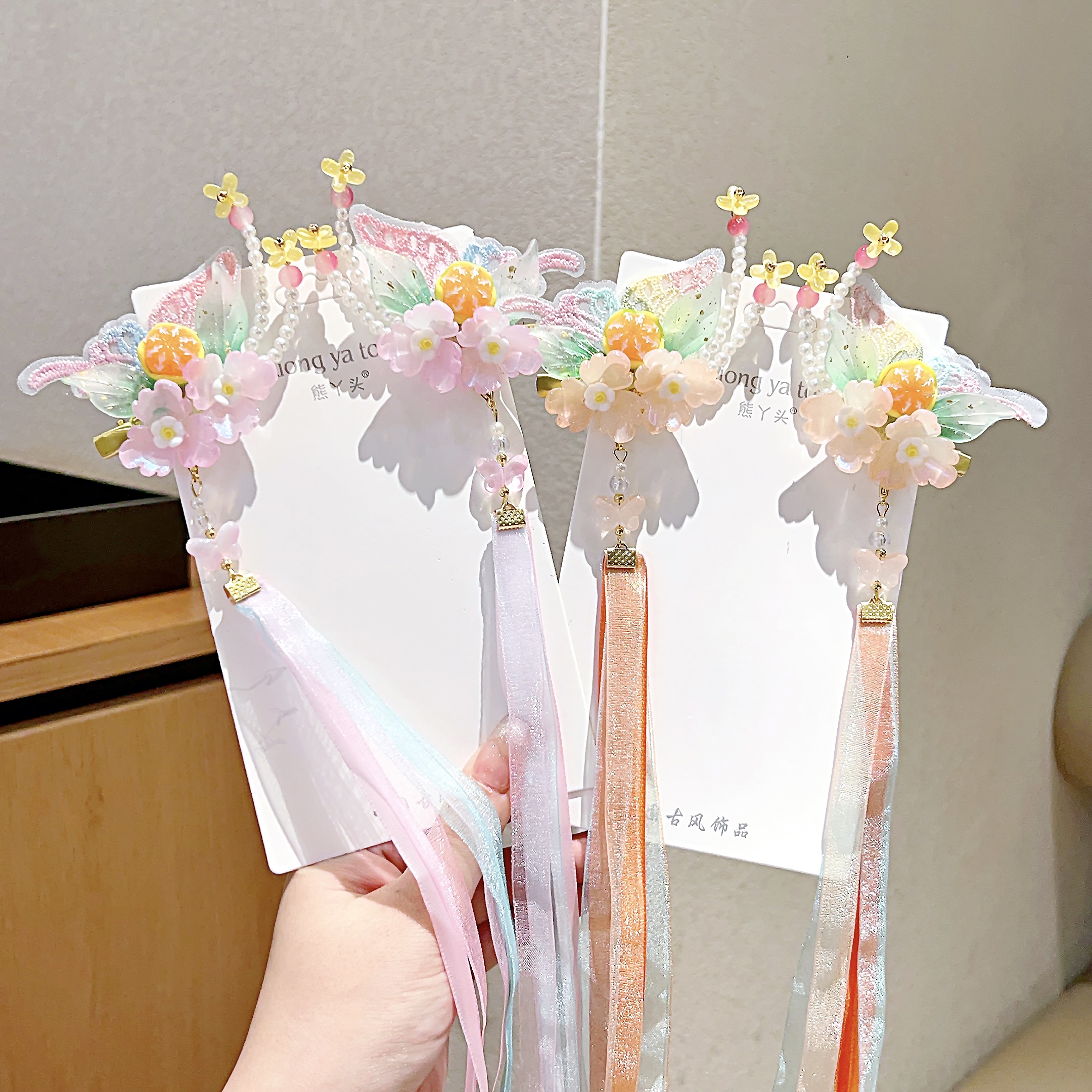 汉服超仙长飘带花朵儿童发夹女孩公主蝴蝶边夹中国风女童对夹头饰