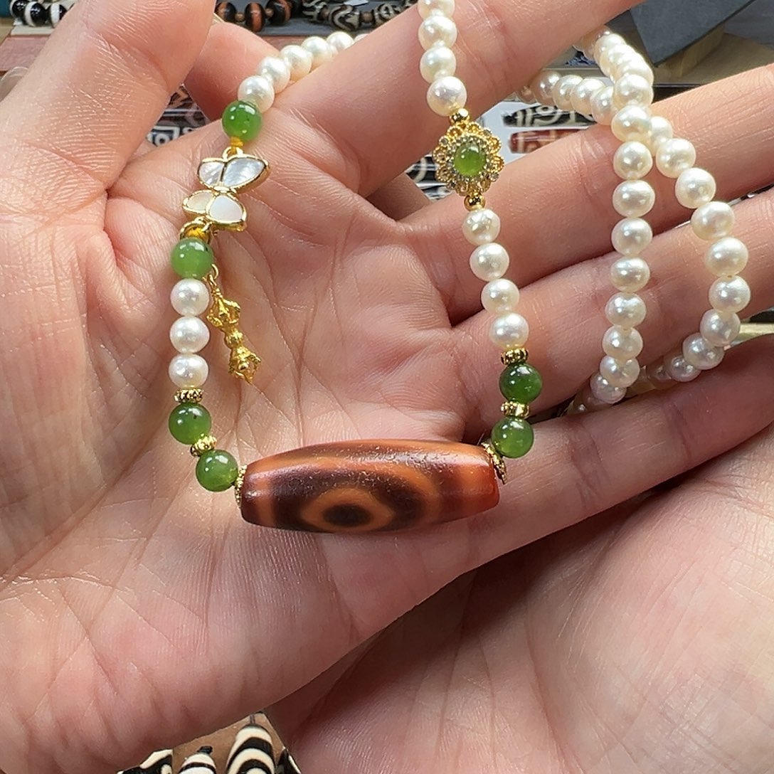 玛瑙/玉髓未镶嵌珠宝半成品小卢如意两眼珍珠套链