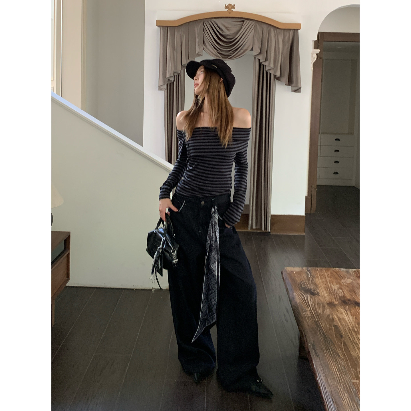 宋正恩【现货清仓】黑色直筒牛仔裤设计感慵懒百搭阔腿长裤-ZE7957