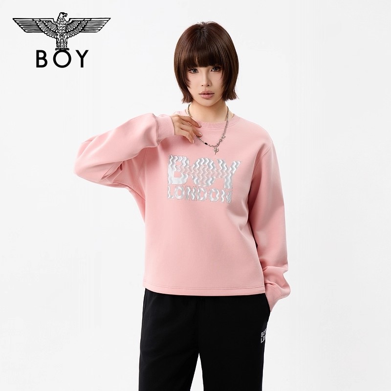 【桃雾波纹】BOYLONDON秋季新款圆领套头简约印花长袖卫衣W03913