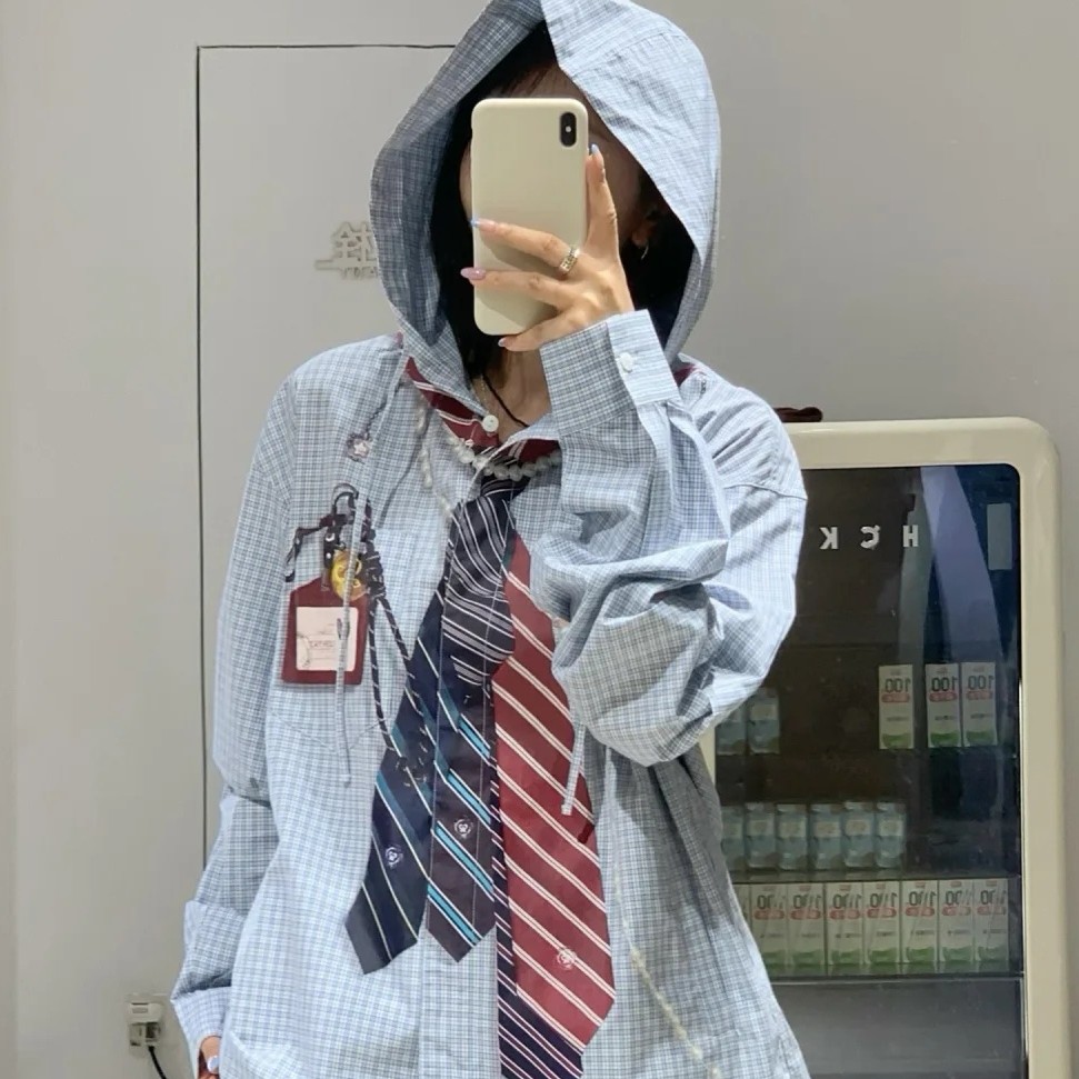 早秋趣味印花领带挂饰连帽格子长袖防晒宽松衬衫外套