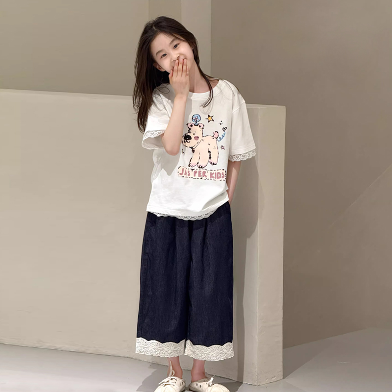 女童夏装套装薄款洋气2025新款爆款女孩短袖t恤牛仔阔腿裤两件套