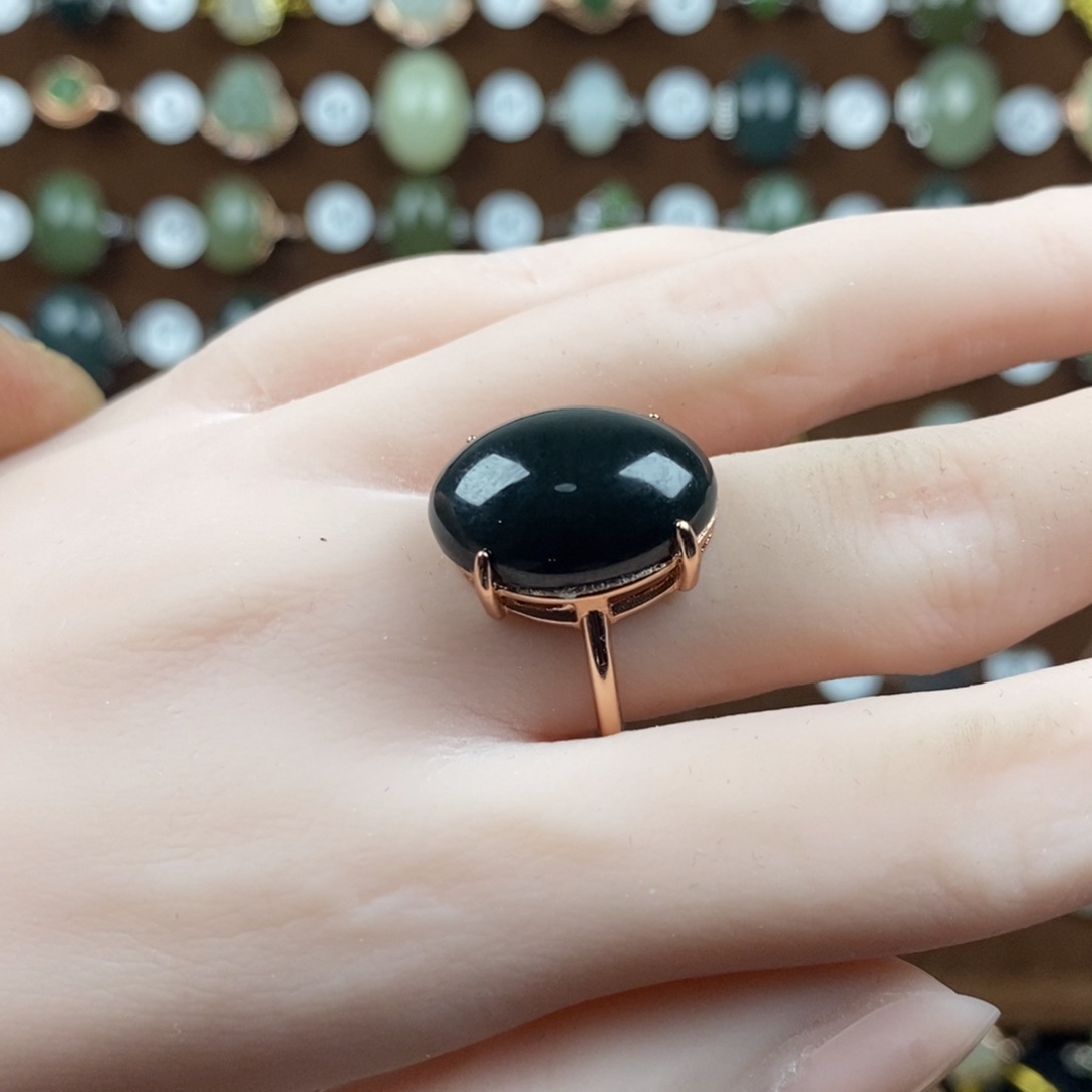 和田玉（青玉）戒指银S925镀金镶嵌