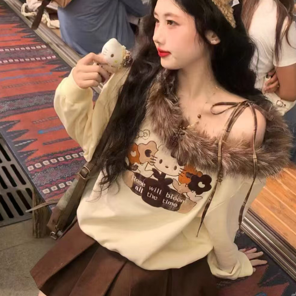 大毛领猫咪盆栽绣花露肩卫衣女秋冬新款复古斜肩百搭宽松显瘦上衣