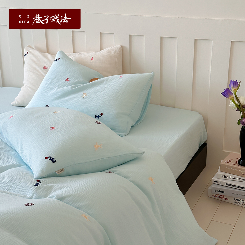 巷子戏法A类纯棉全棉四件套皱皱纱床单被套高级感刺绣被罩床笠