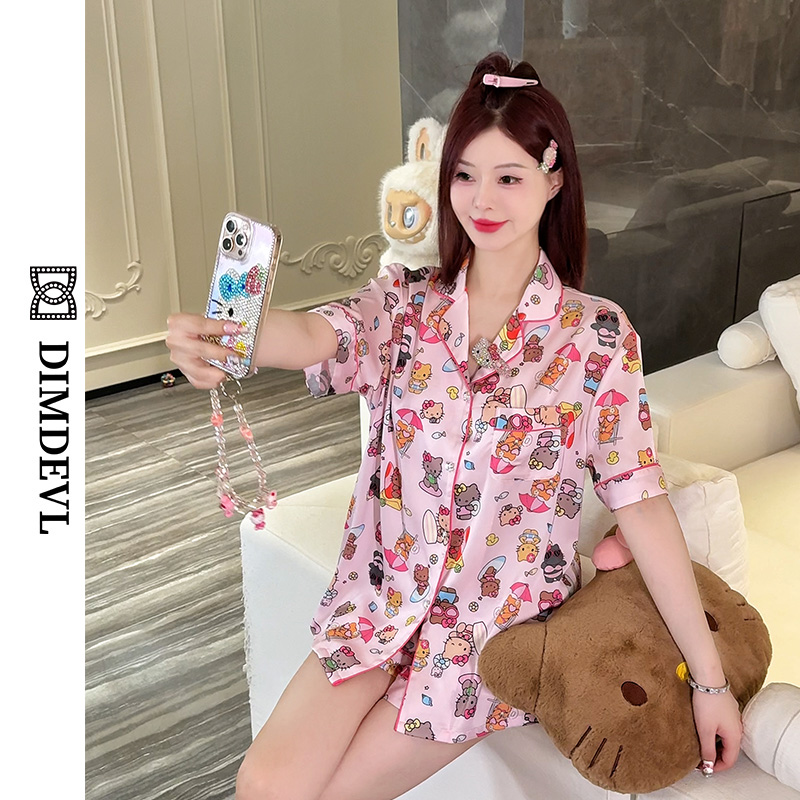 DIMDEVL/汀黛粉色黑皮KT柔光缎面夏季可爱时尚薄款女士家居服睡衣