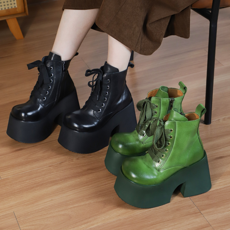 谜丫蜜原创11公分水洗牛皮厚底马丁靴女秋冬新款系带休闲中筒靴子
