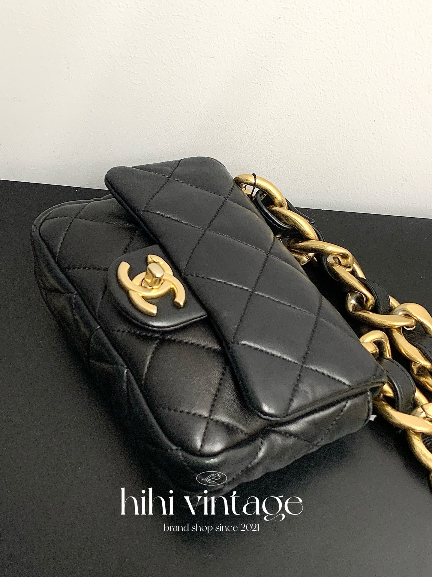 99新 Chanel/香奈儿 HIHI黑金双C粗链条口盖包13264585JL