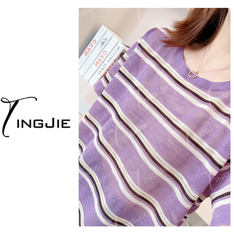 【高配亚麻】紫色条纹，B2870夏季短袖针织上衣