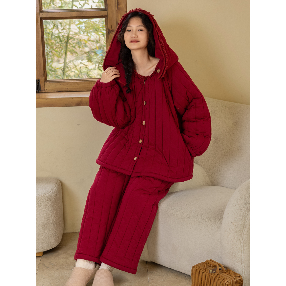 喜庆新年红色夹棉连帽睡衣复古女秋冬季加绒加厚本命年家居服套装