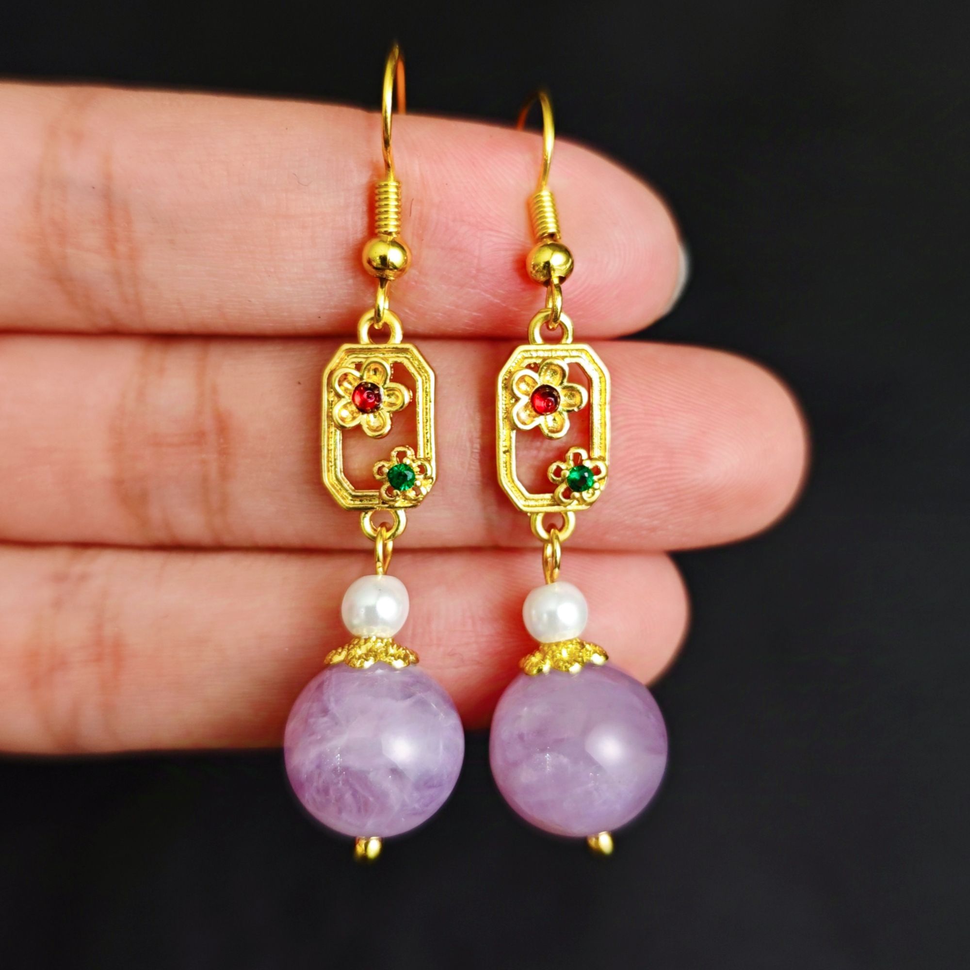 紫锂辉圆珠耳饰A28-275赠礼盒(多样性发)