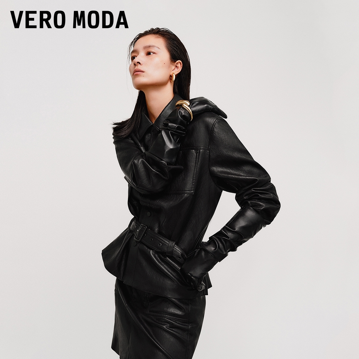 Vero Moda夹克2025秋季新款PU腰带设计翻领纯色上衣老钱风小众