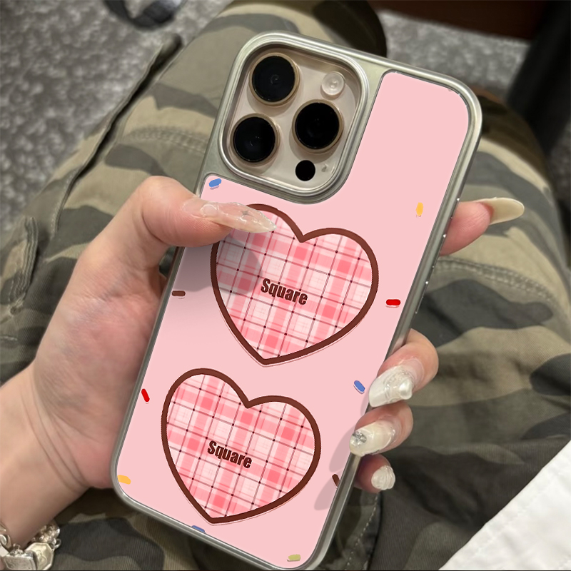 粉底两个格纹爱心适用iPhone苹果16plus手机壳12pro/15pro/16pro