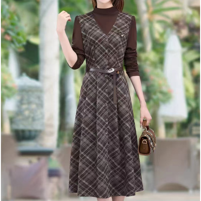 5190#咖【木兮兮专属】2025年春秋季新款气质遮肉显瘦假两件连衣裙