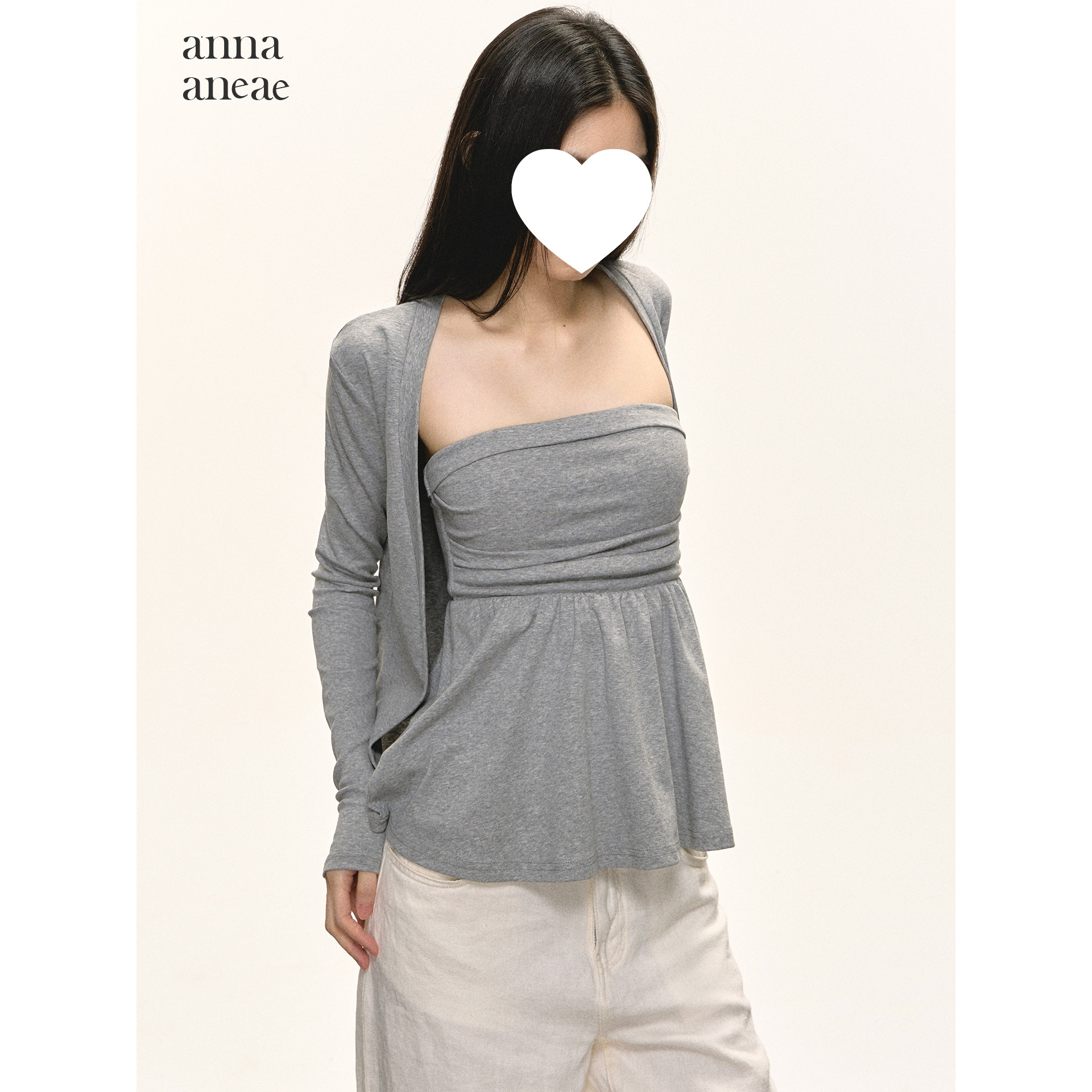 anna aneae早秋针织套装女灰色通勤穿搭抹胸背心外搭开衫两件套潮