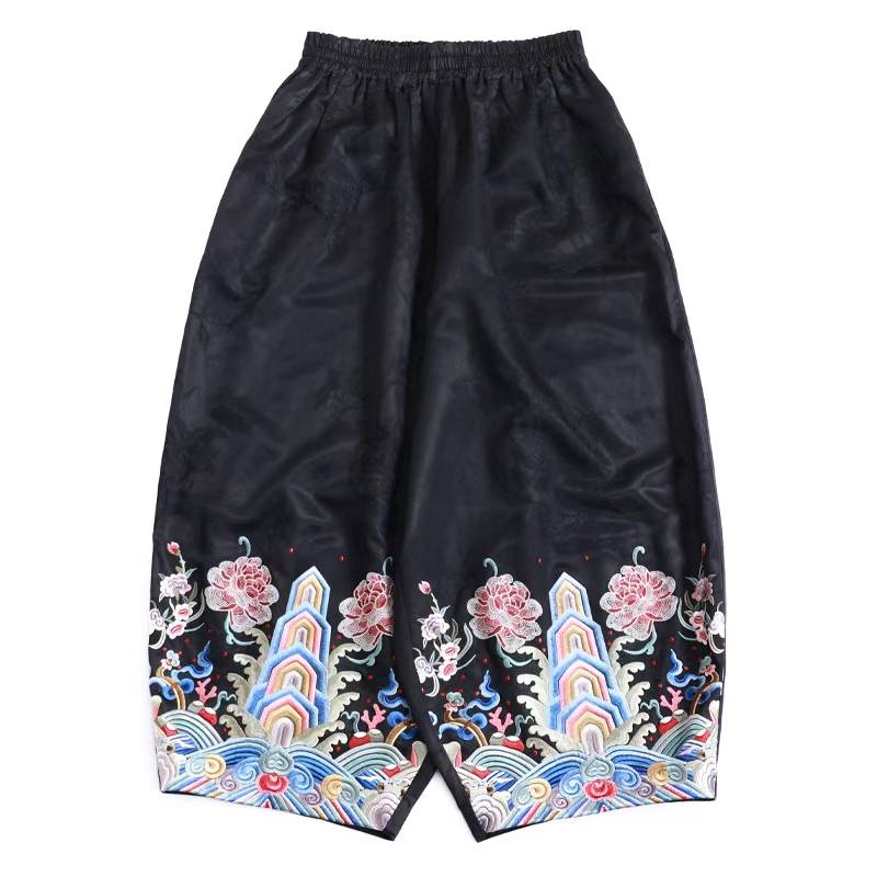 「海乐行」丽古龙 香云纱 复古国风手工原创设计百搭刺绣汉服裤子