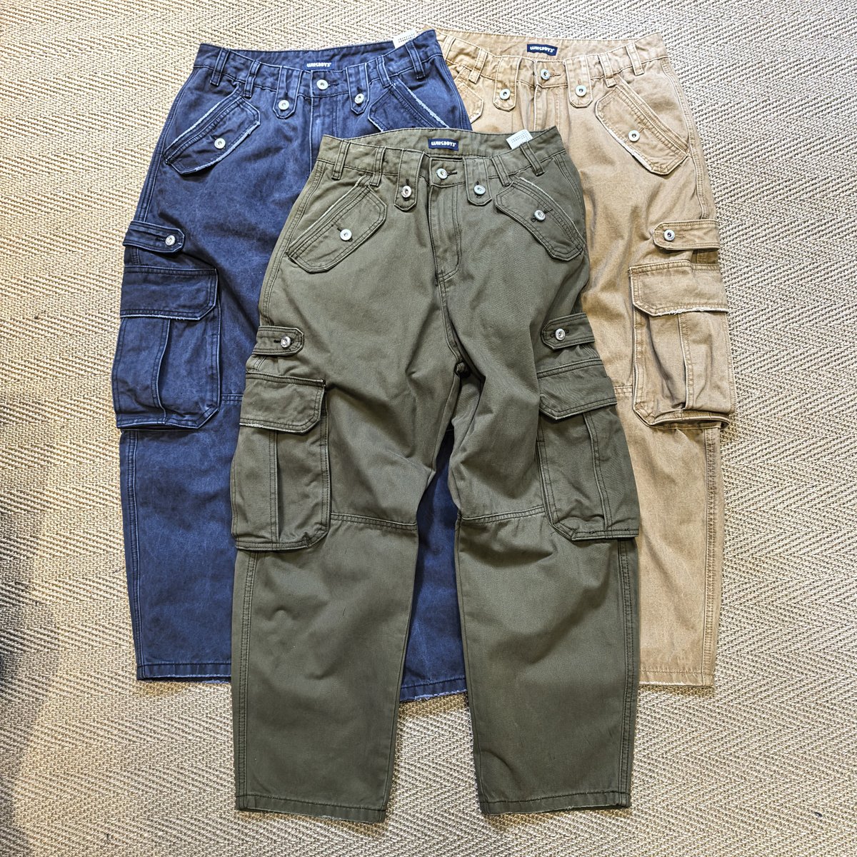 高品质！重磅口袋磨破做旧阿美咔叽Cargo锥形裤日系休闲工装裤男女