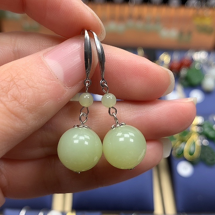 和田玉银S925镶嵌耳饰12左右黄口