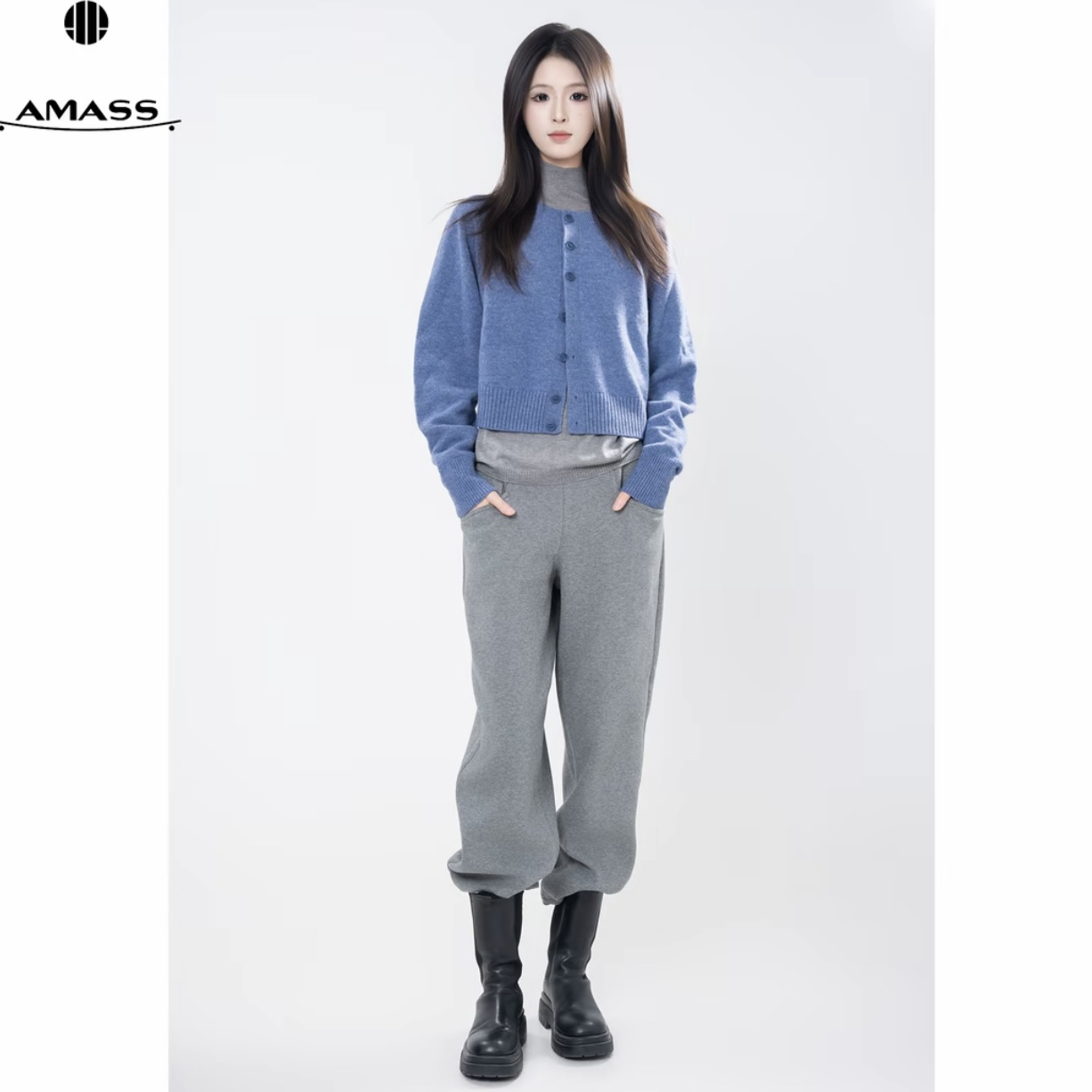 AMASS/阿玛施松紧腰简约百搭加绒休闲舒适锥形长裤运动卫裤510026