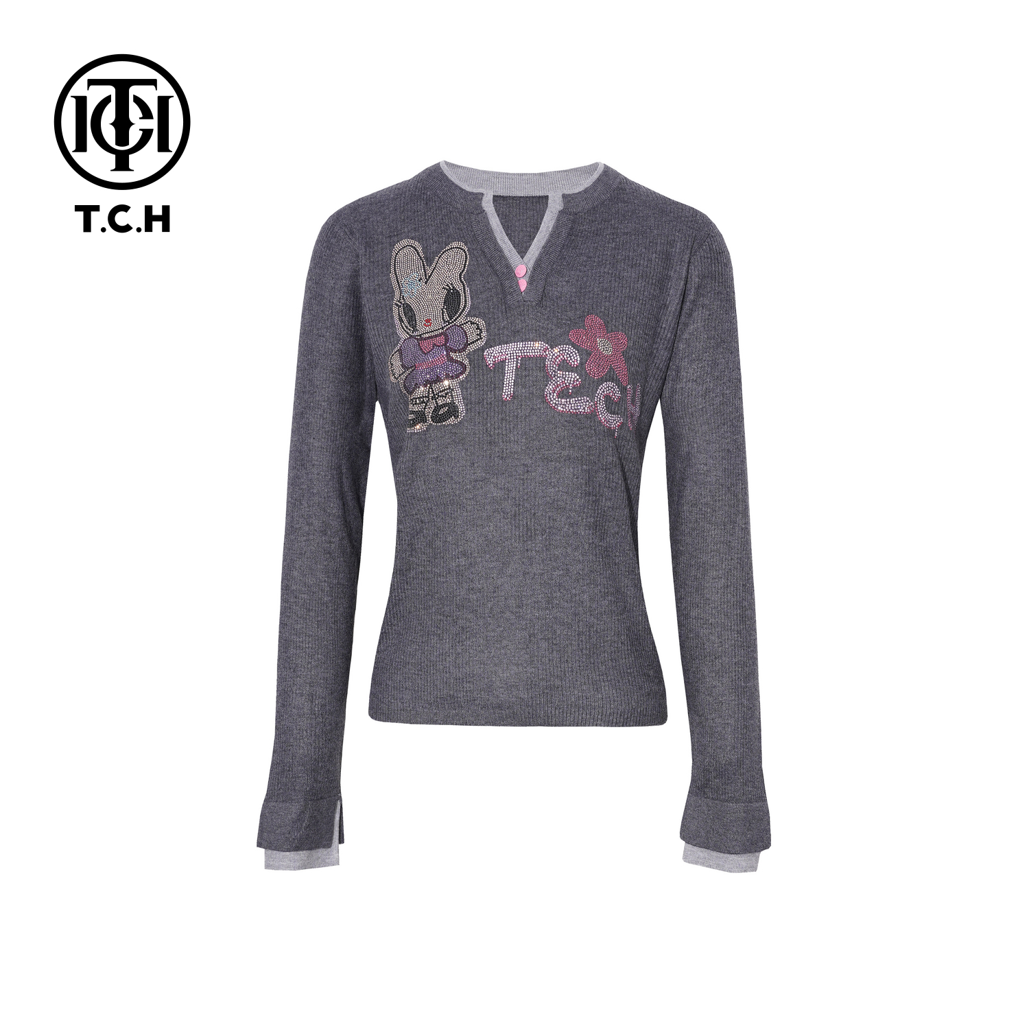 TCH私服冬款慵懒风烫钻时尚淑女深灰色针织衫T75D09E1100轻奢tch