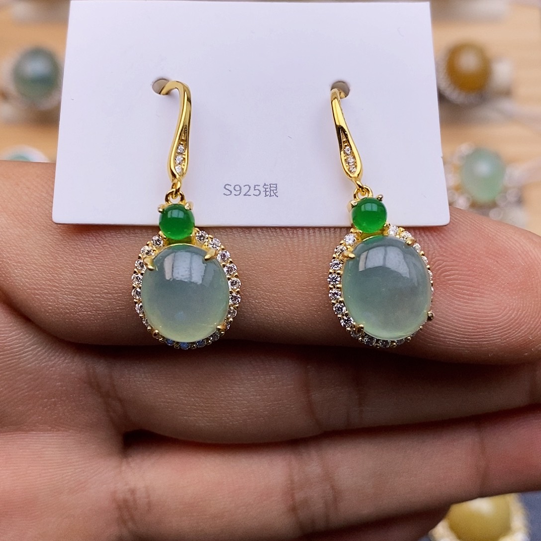 翡翠耳饰银S925镶嵌/3336