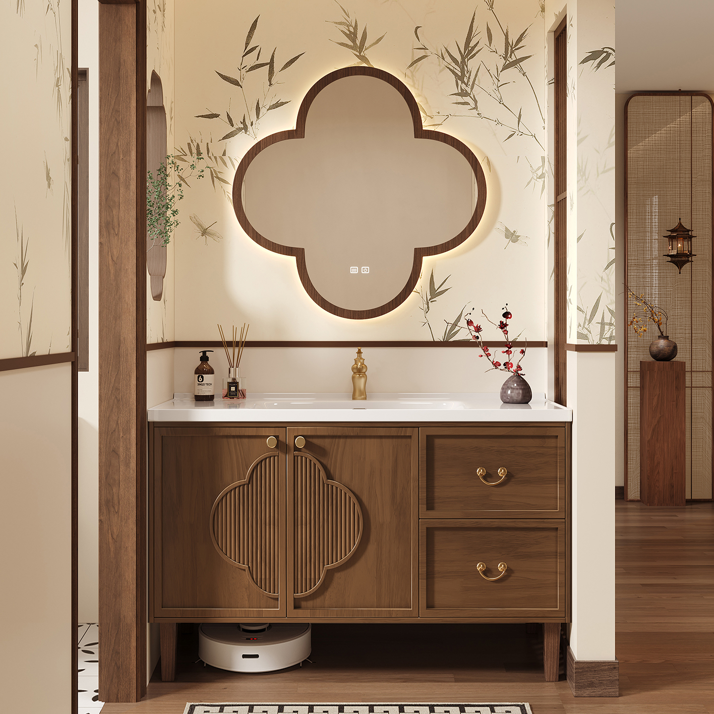 宋式美学风橡木浴室柜组合一体盆卫生间洗漱台胡桃色洗手台盆落地