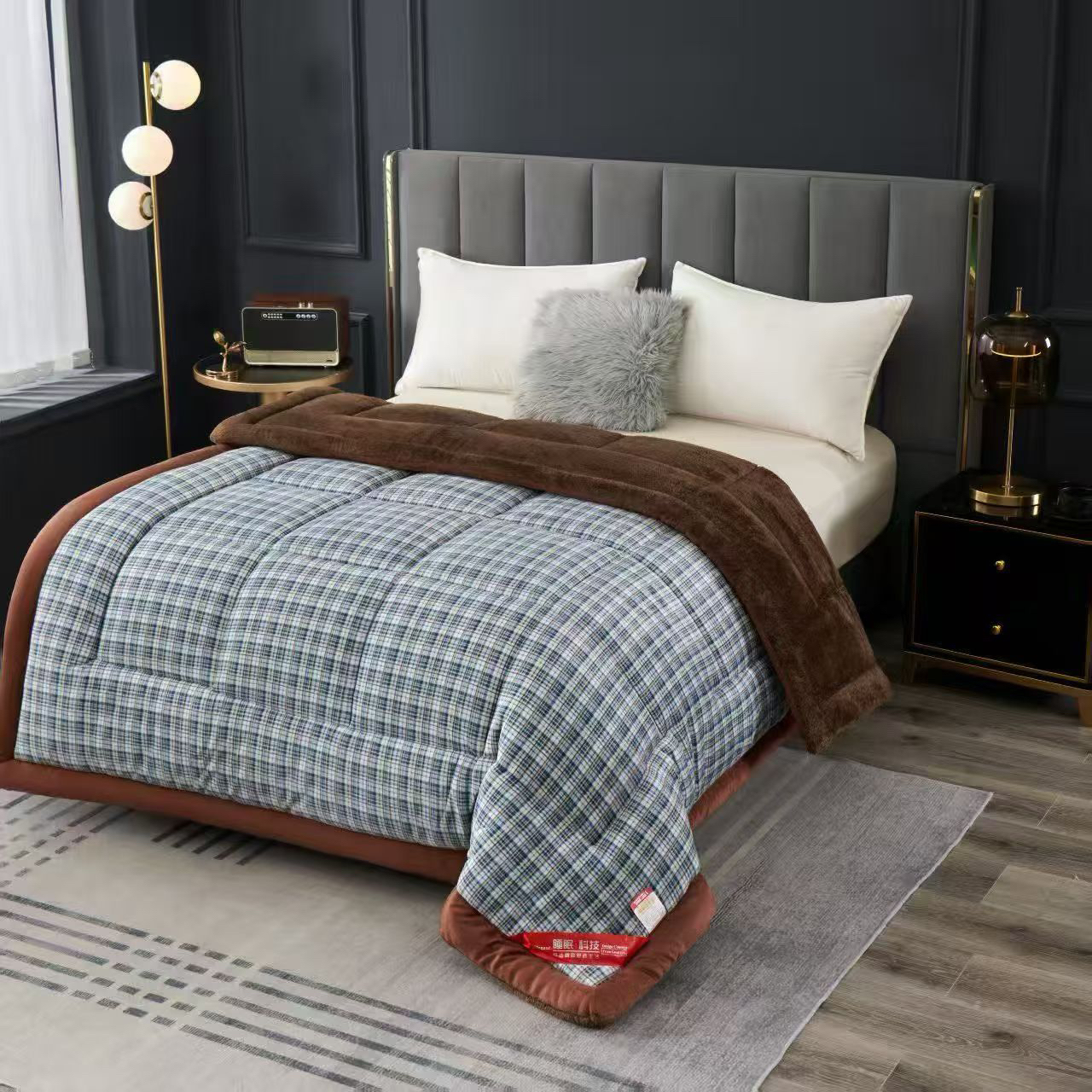 只在四方双层奶绒印花加厚冬被绒被格子灰色