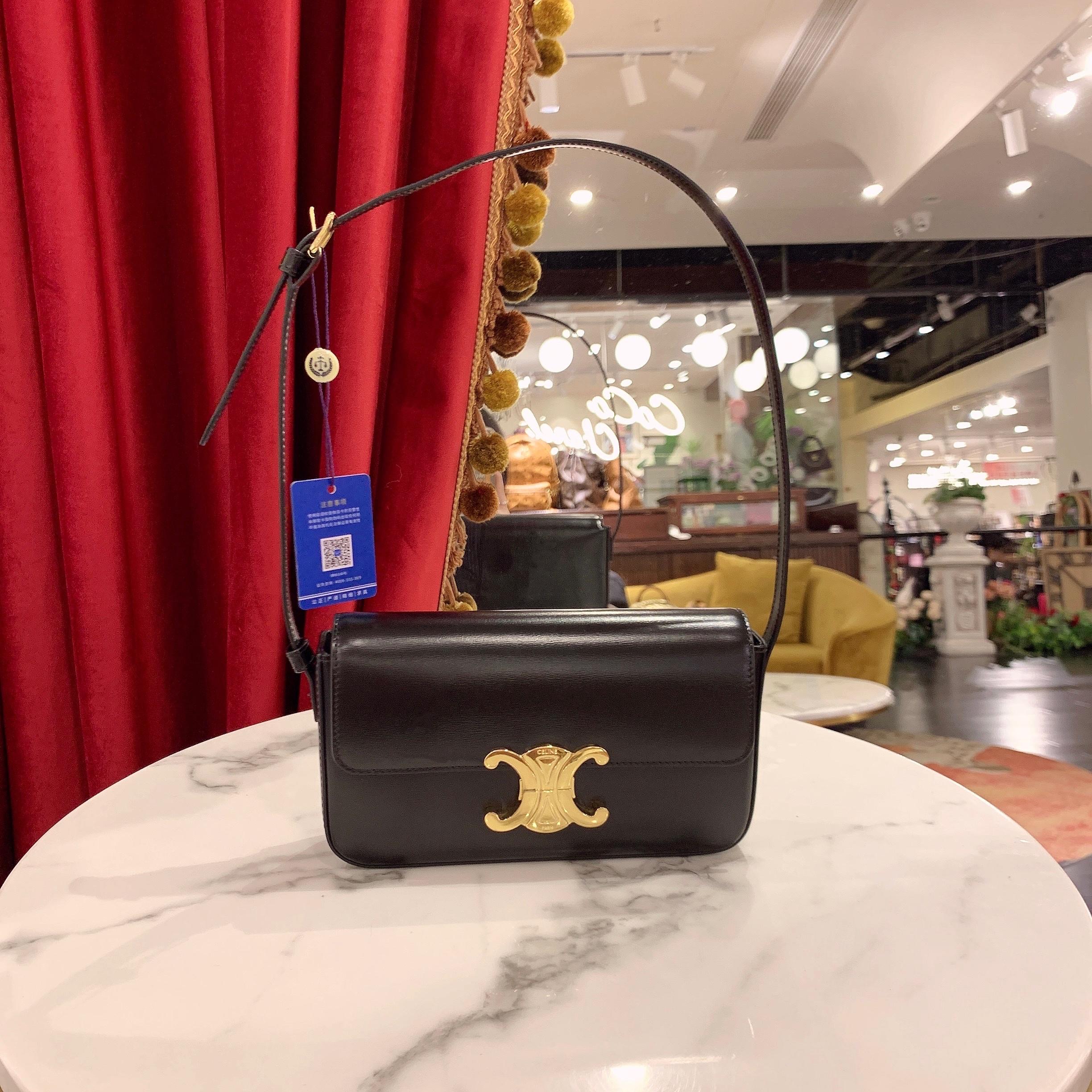 95新 Celine/思琳 GGS凯旋门腋下包黑金牛皮58504962