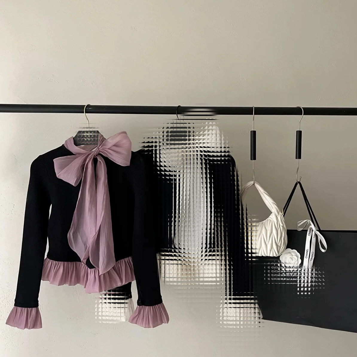 肉肉家*大码紫色旅途蝴蝶结打底衫