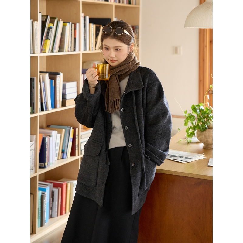 ALINDM【雾都黎明】大码女装胖mm高克重羊毛双面呢立领大衣AS27214