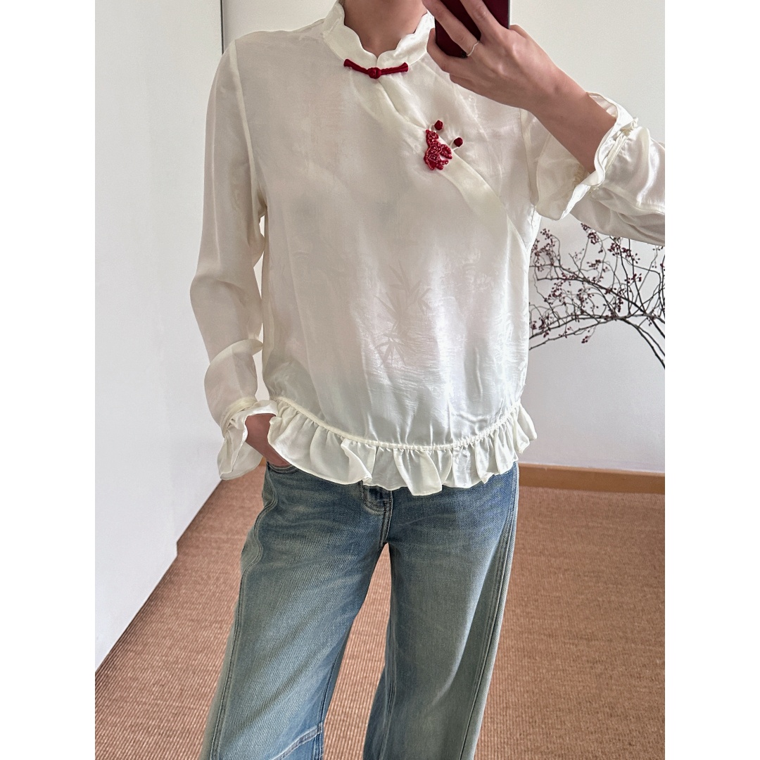 南油小雅2026春款新中式提花立领荷叶边减龄喜庆上衣国风