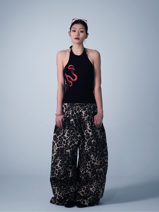 SUANS原创豹纹口袋美式复古做旧阔腿直筒街舞有束脚街舞牛仔裤