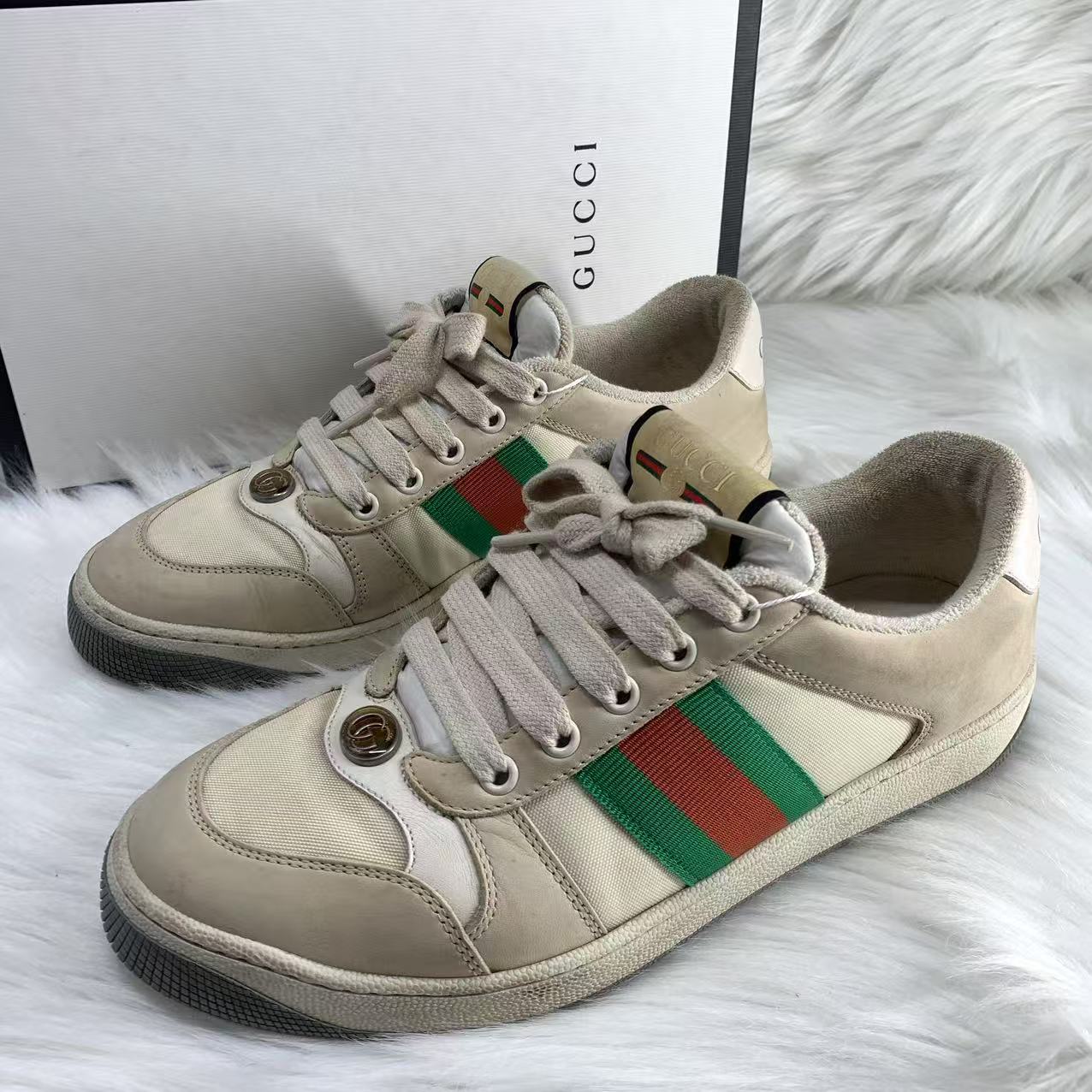 95新 GUCCI/古驰 38.5码/Seven女鞋精选/米色做旧脏脏鞋   xxs824