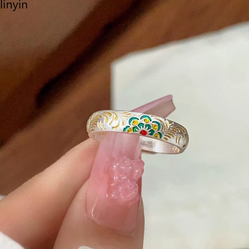 足银戒指 新款足银999.9招财戒指珐琅宝相花唐草纹国风指环女情人
