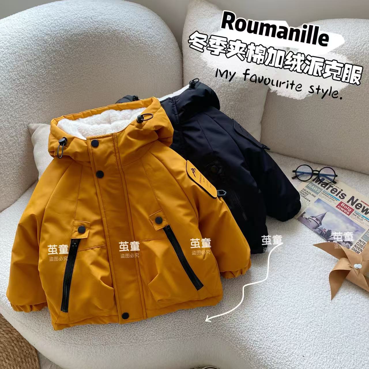 【麦麦妈】D380冬季小童三层夹棉加绒连帽派克服新品宝宝保暖棉服酷