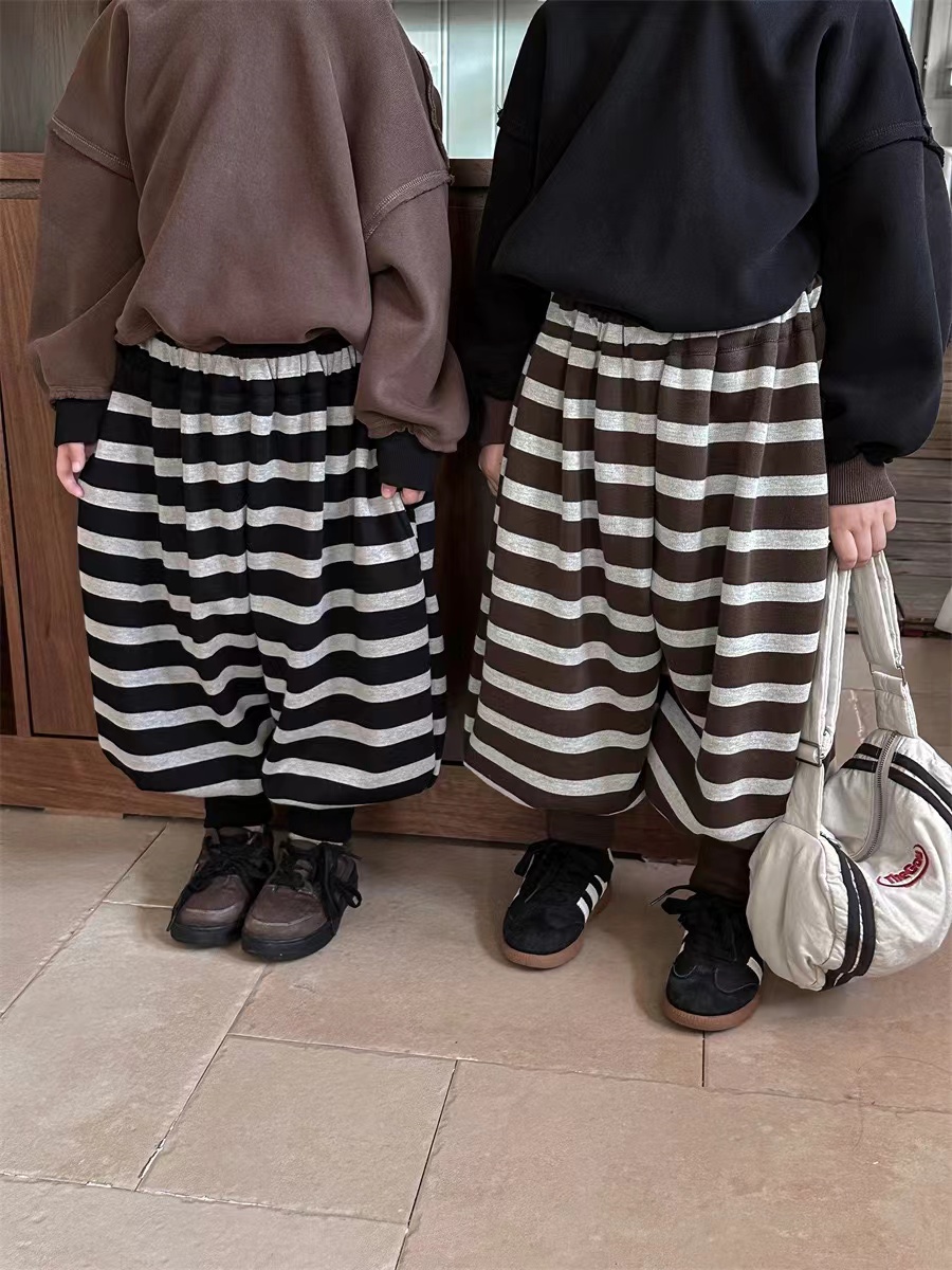 2024冬季新品韩版中小童男女童一体绒加绒束脚条纹裤长裤2421