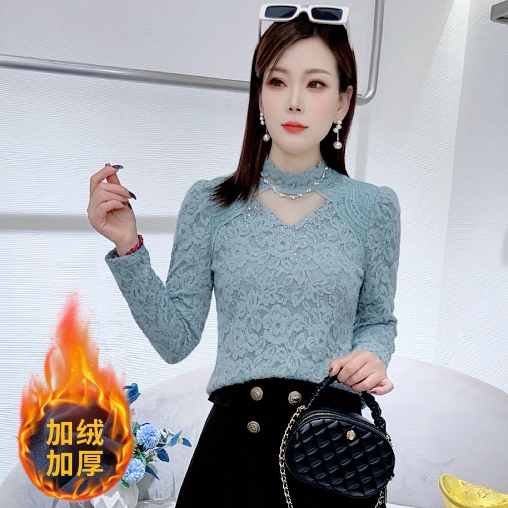 A9185洋气长袖蕾丝打底小衫衫冬季新款时尚修身减龄上衣