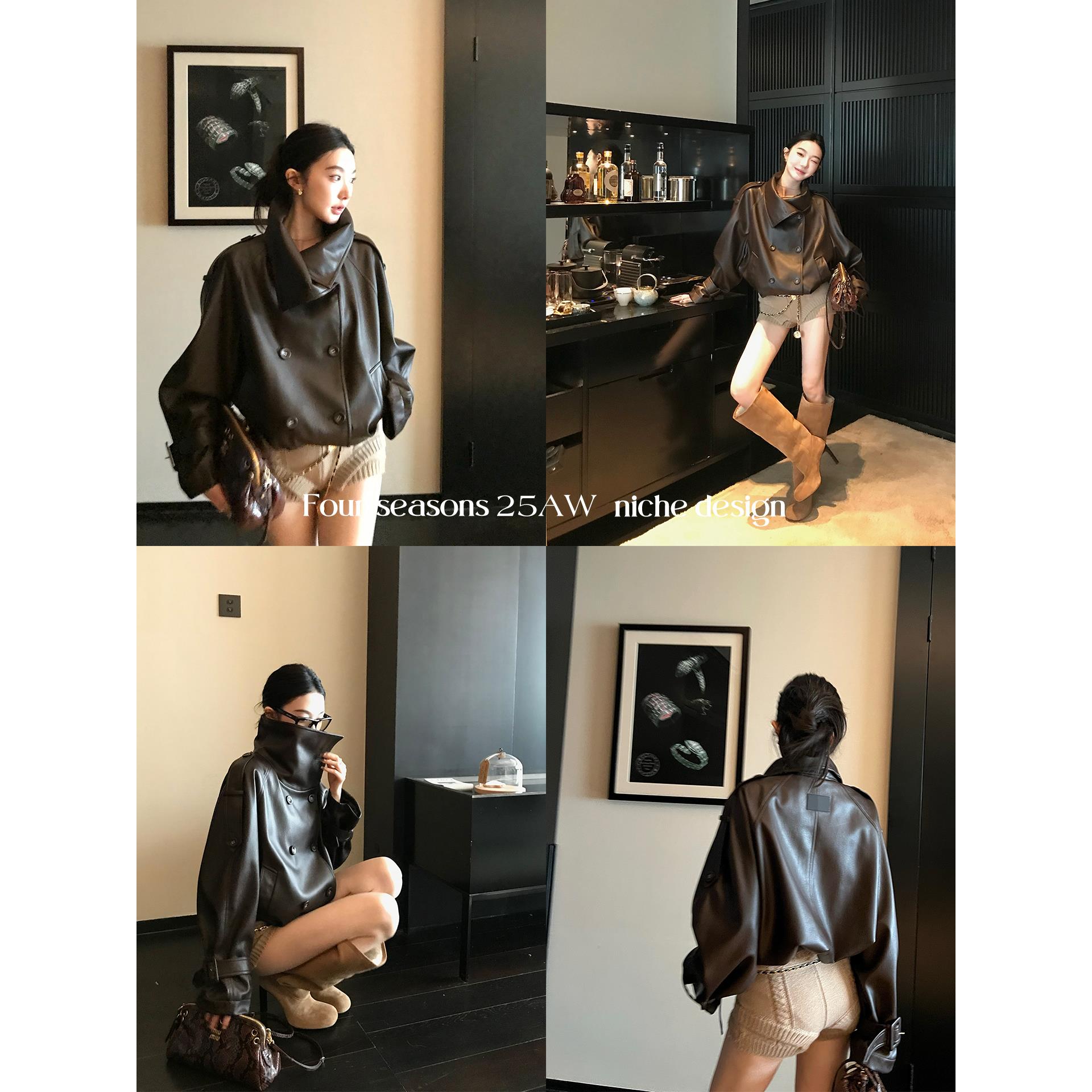 区区欧阳 大翻领荔枝纹PU皮衣外套女冬季高级感双排扣复古皮夹克