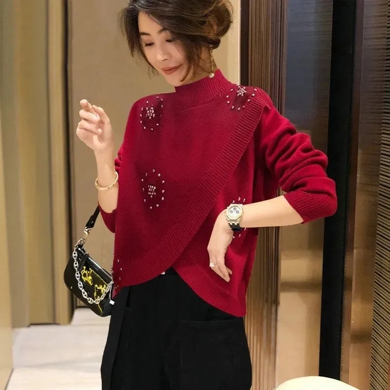 半高领宽松针织衫红色设计感洋气毛衣女2025春秋新款欧洲站打底衫