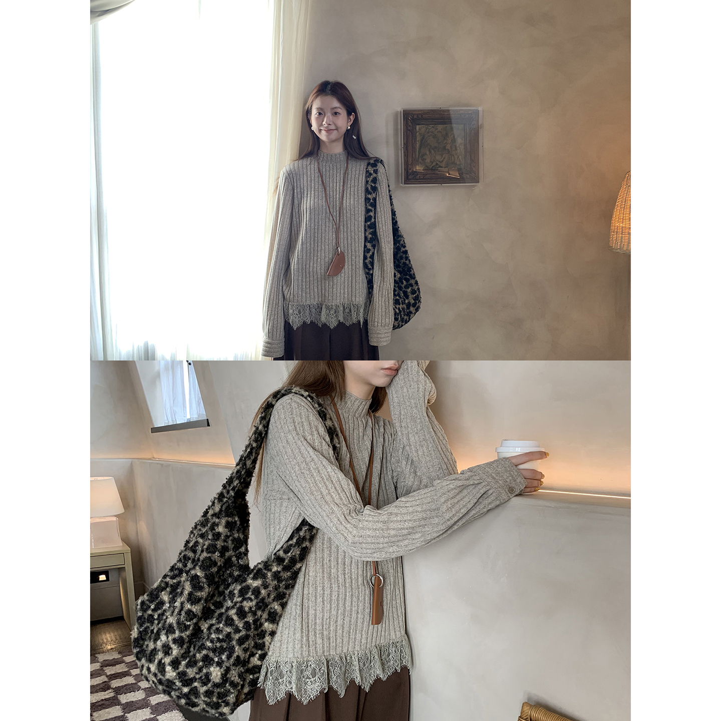 【HRG】冬季复古韩系温柔气质拼接蕾丝休闲宽松T恤254U4451