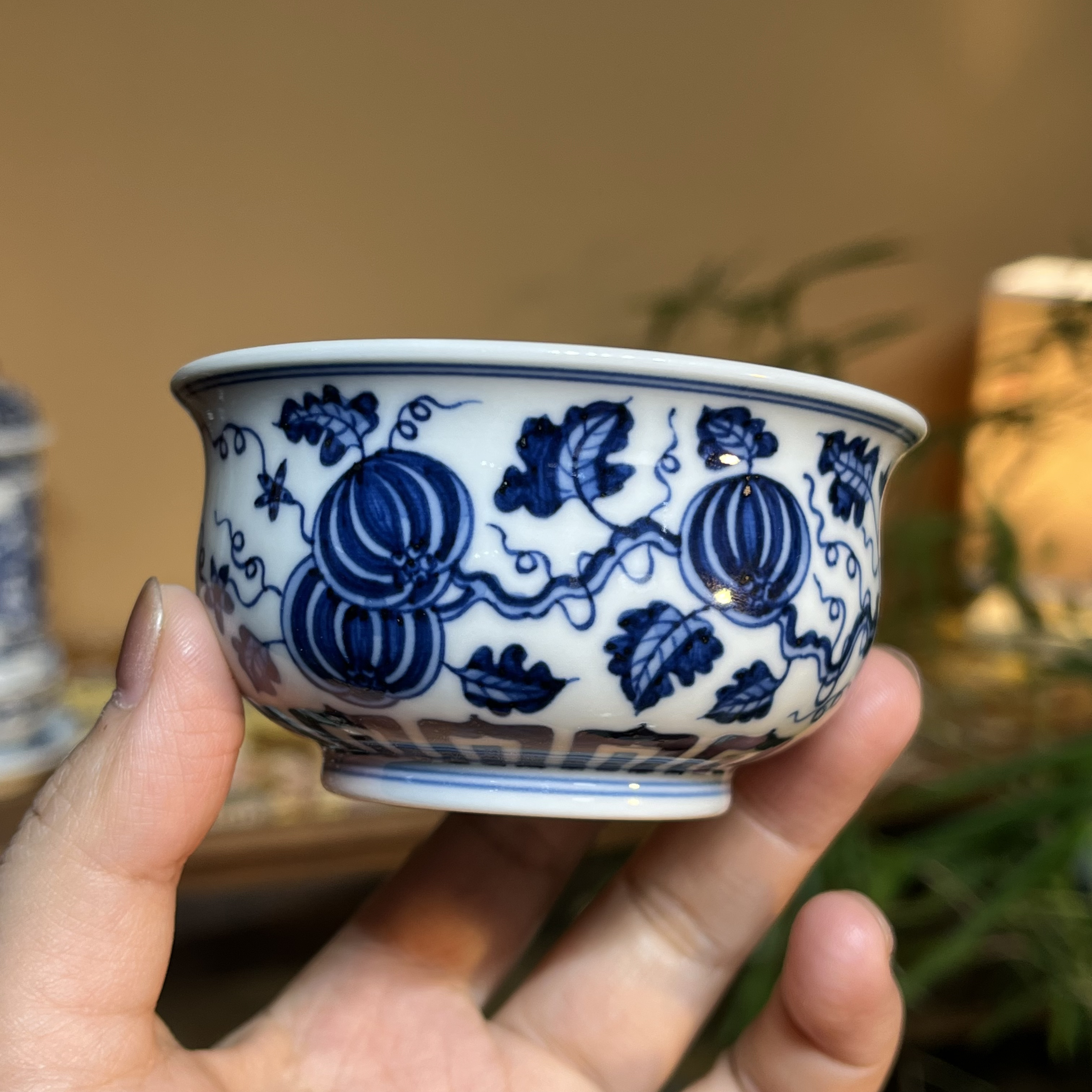 景德镇青花陶瓷茶具 仿明青花手绘西瓜果炉士杯100ml