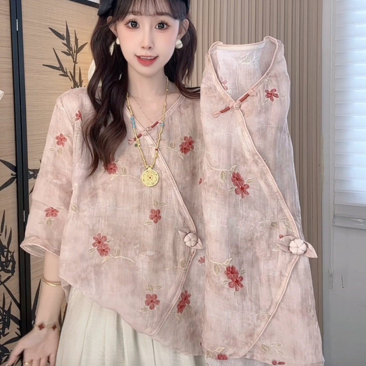 【碎花玉扣】新中式国风斜襟刺绣盘扣女2025夏季新款宽松休闲上衣